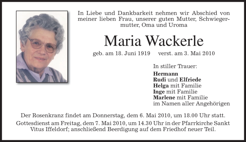  Traueranzeige für Maria Wackerle vom 05.05.2010 aus MERKUR & TZ