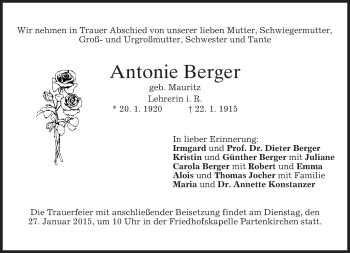 Traueranzeige von Antonie Berger von merkurtz