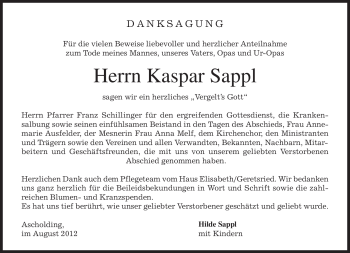 Traueranzeige von Kaspar Sappl von MERKUR & TZ