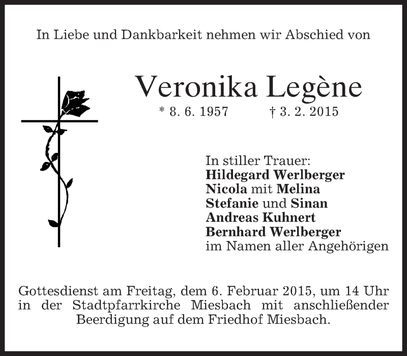  Traueranzeige für Veronika Legène vom 04.02.2015 aus merkurtz