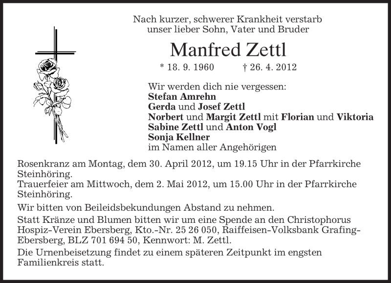  Traueranzeige für Manfred Zettl vom 28.04.2012 aus MERKUR & TZ