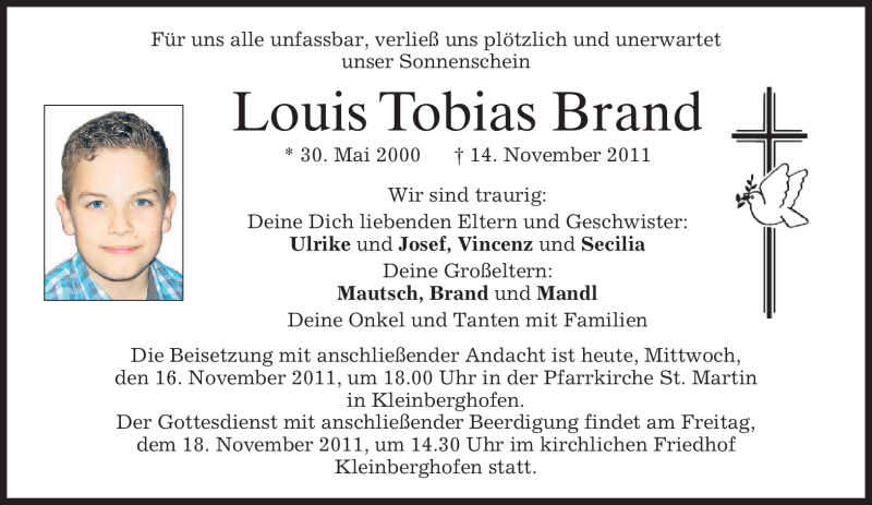 Traueranzeige für Louis Tobias Brand vom 16.11.2011 aus MERKUR & TZ