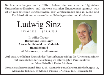 Traueranzeige von Ludwig Sinz von MERKUR & TZ