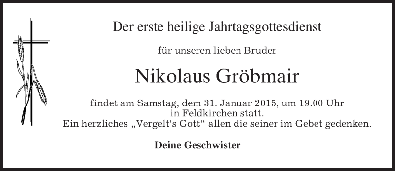  Traueranzeige für Nikolaus Gröbmair vom 30.01.2015 aus merkurtz