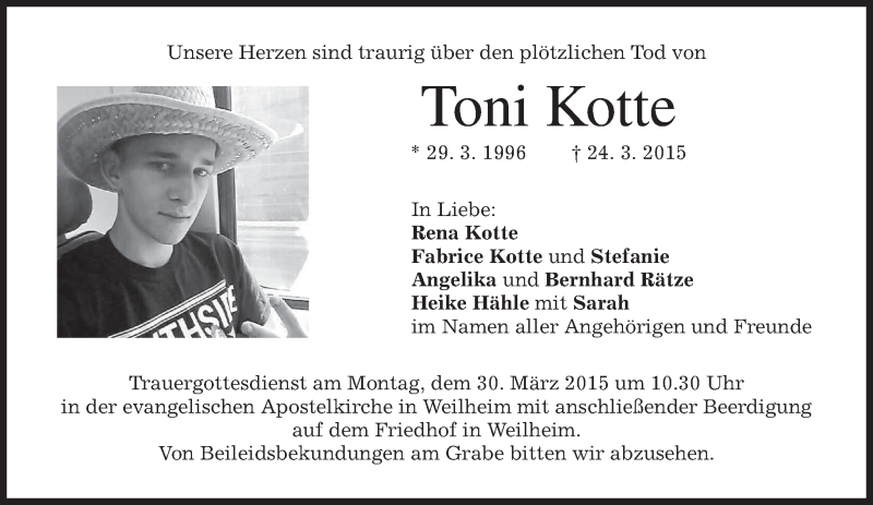  Traueranzeige für Toni Kotte vom 28.03.2015 aus merkurtz