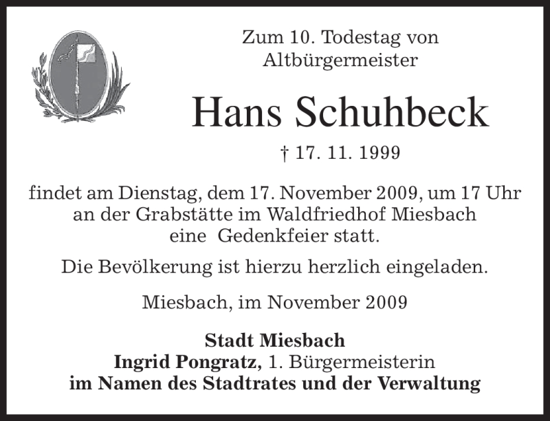  Traueranzeige für Hans Schuhbeck vom 14.11.2009 aus MERKUR & TZ