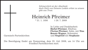 Traueranzeige von Heinrich Pfreimer von MERKUR & TZ
