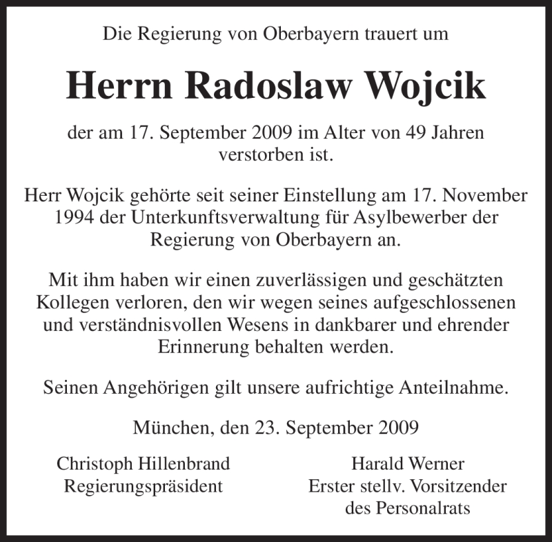  Traueranzeige für Radoslaw Wojcik vom 23.09.2009 aus MERKUR & TZ