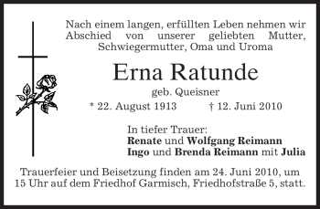 Traueranzeige von Erna Ratunde von MERKUR & TZ