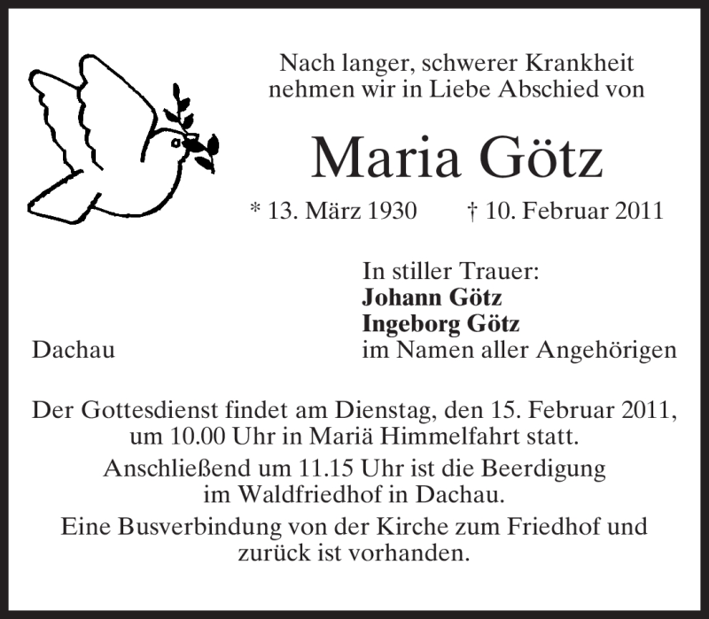  Traueranzeige für Maria Götz vom 12.02.2011 aus MERKUR & TZ