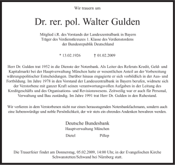 Traueranzeige von Walter Gulden von MERKUR & TZ