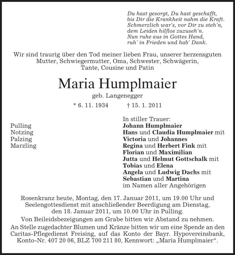  Traueranzeige für Maria Humplmaier vom 17.01.2011 aus MERKUR & TZ