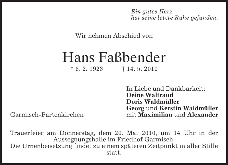  Traueranzeige für Hans Faßbender vom 18.05.2010 aus MERKUR & TZ