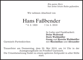 Traueranzeige von Hans Faßbender von MERKUR & TZ