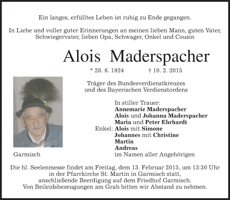  Traueranzeige für Alois  Maderspacher vom 12.02.2015 aus merkurtz