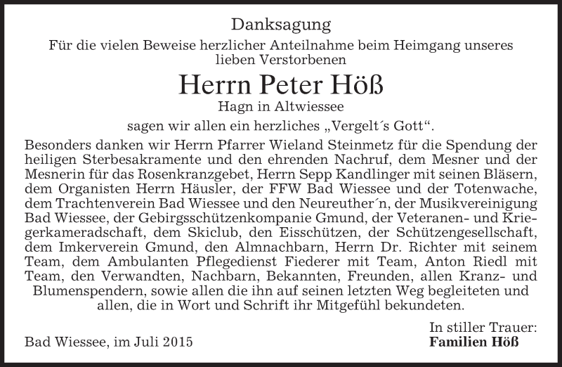  Traueranzeige für Peter Höß vom 11.07.2015 aus merkurtz