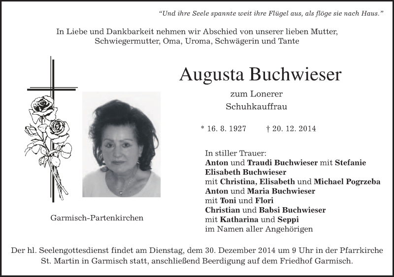  Traueranzeige für Augusta Buchwieser vom 27.12.2014 aus merkurtz