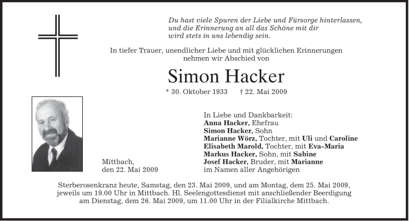  Traueranzeige für Simon Hacker vom 23.05.2009 aus MERKUR & TZ