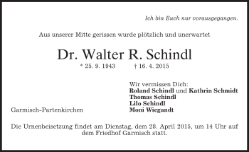 Traueranzeige von Walter R. Schindl von merkurtz