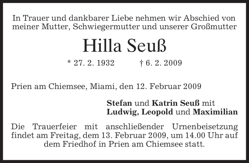  Traueranzeige für Hilla Seuß vom 12.02.2009 aus MERKUR & TZ