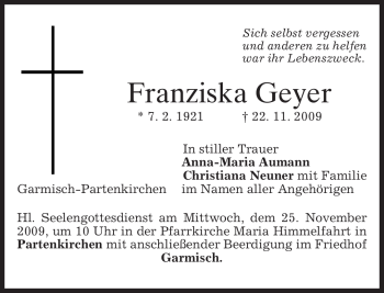 Traueranzeige von Franziska Geyer von MERKUR & TZ