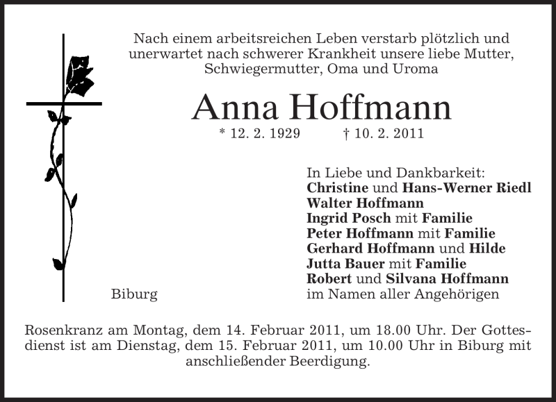  Traueranzeige für Anna Hoffmann vom 12.02.2011 aus MERKUR & TZ