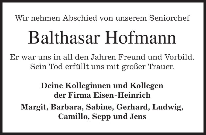  Traueranzeige für Balthasar Hofmann vom 20.06.2012 aus MERKUR & TZ