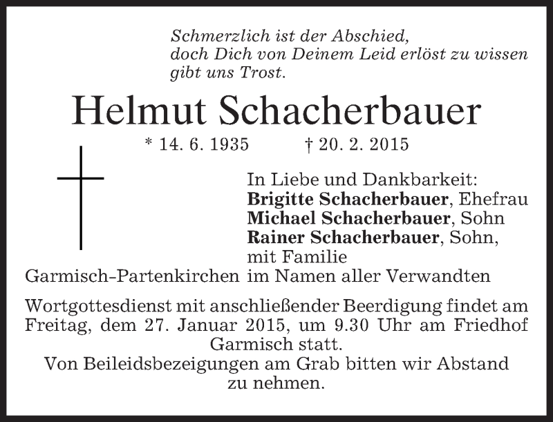 Traueranzeige für Helmut Schacherbauer vom 24.02.2015 aus merkurtz