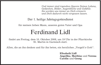 Traueranzeige von Ferdinand Lidl von MERKUR & TZ