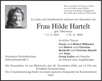 Traueranzeige von Hilde Hartelt von MERKUR & TZ