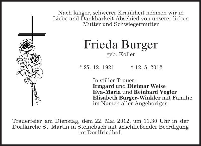  Traueranzeige für Frieda Burger vom 19.05.2012 aus MERKUR & TZ