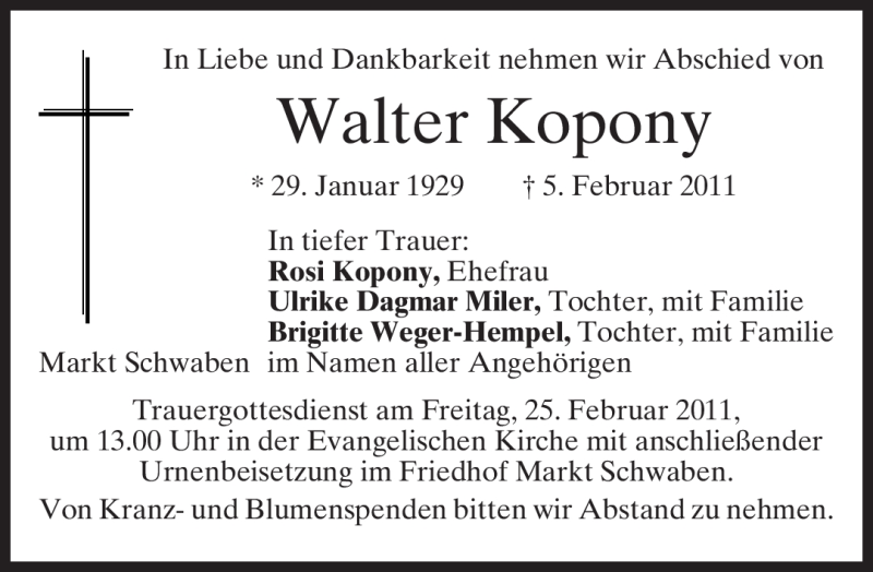  Traueranzeige für Walter Kopony vom 19.02.2011 aus MERKUR & TZ