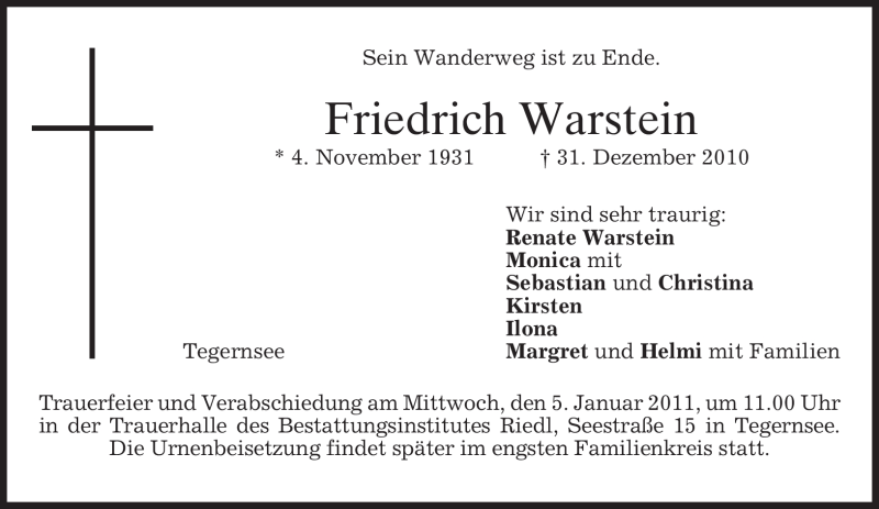  Traueranzeige für Friedrich Warstein vom 03.01.2011 aus MERKUR & TZ