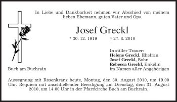 Traueranzeige von Josef Greckl von MERKUR & TZ