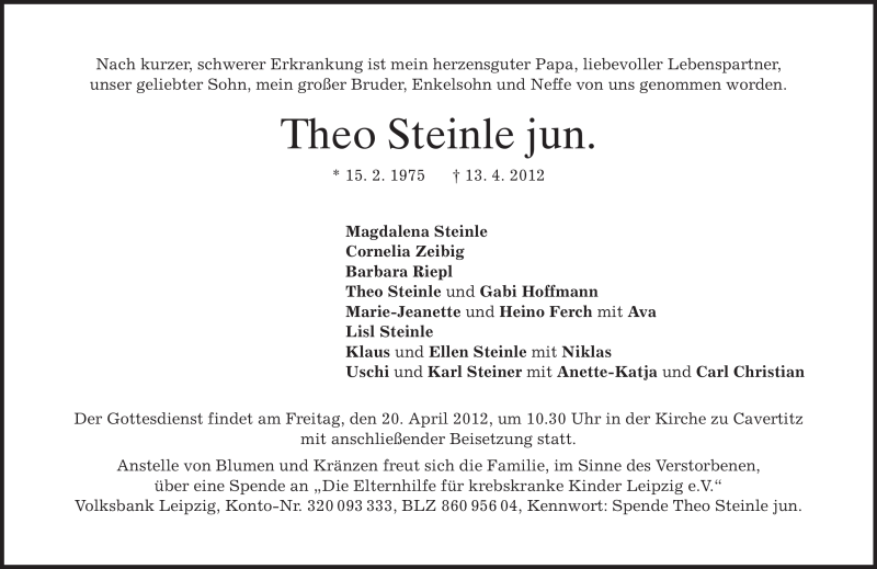  Traueranzeige für Theo Steinle vom 18.04.2012 aus MERKUR & TZ