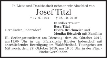 Traueranzeige von Josef Titzl von MERKUR & TZ