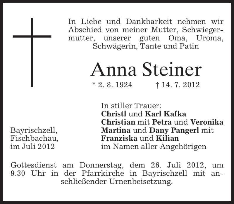  Traueranzeige für Anna Steiner vom 24.07.2012 aus MERKUR & TZ
