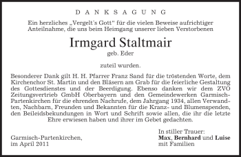 Traueranzeige von Irmgard Staltmair von MERKUR & TZ