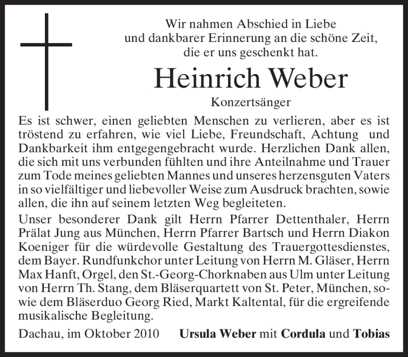  Traueranzeige für Heinrich Weber vom 30.10.2010 aus MERKUR & TZ