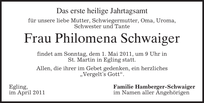  Traueranzeige für Philomena Schwaiger vom 30.04.2011 aus MERKUR & TZ