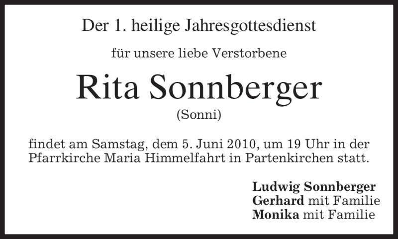  Traueranzeige für Rita Sonnberger vom 04.06.2010 aus MERKUR & TZ