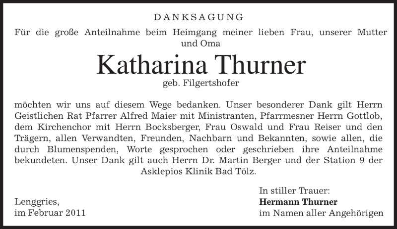  Traueranzeige für Katharina Thurner vom 12.02.2011 aus MERKUR & TZ