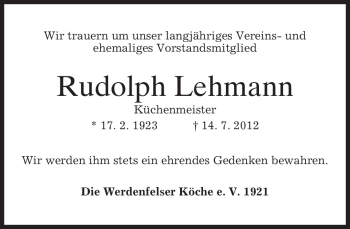 Traueranzeige von Rudolph Lehmann von MERKUR & TZ