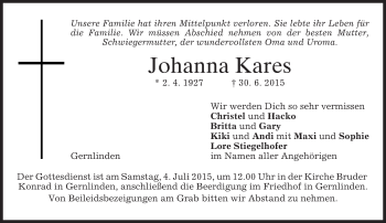 Traueranzeige von Johanna Kares von merkurtz