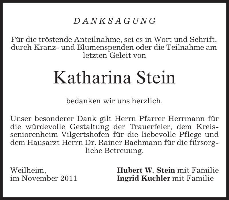  Traueranzeige für Katharina Stein vom 07.11.2011 aus MERKUR & TZ