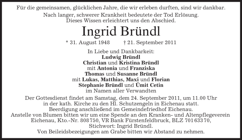  Traueranzeige für Ingrid Bründl vom 22.09.2011 aus MERKUR & TZ