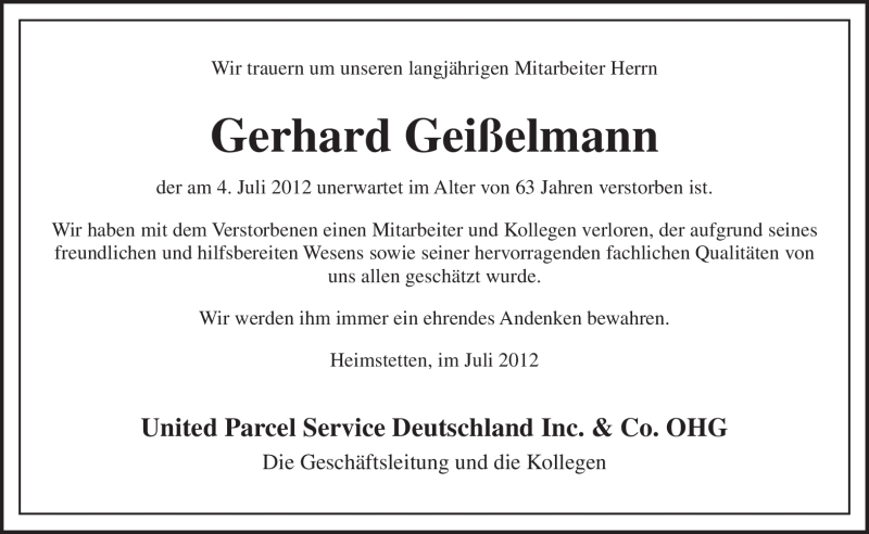  Traueranzeige für Gerhard Geißelmann vom 12.07.2012 aus MERKUR & TZ