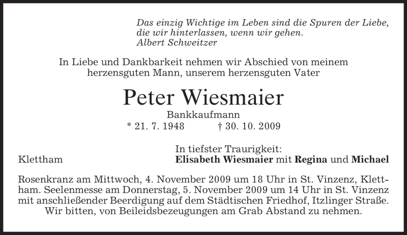  Traueranzeige für Peter Wiesmaier vom 04.11.2009 aus MERKUR & TZ
