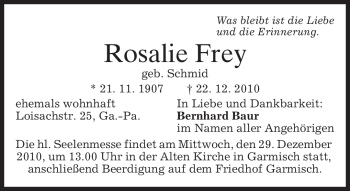 Traueranzeige von Rosalie Frey von MERKUR & TZ
