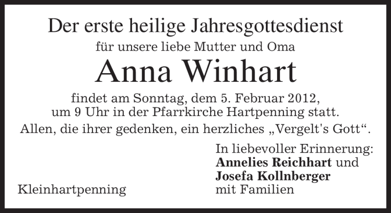  Traueranzeige für Anna Winhart vom 03.02.2012 aus MERKUR & TZ
